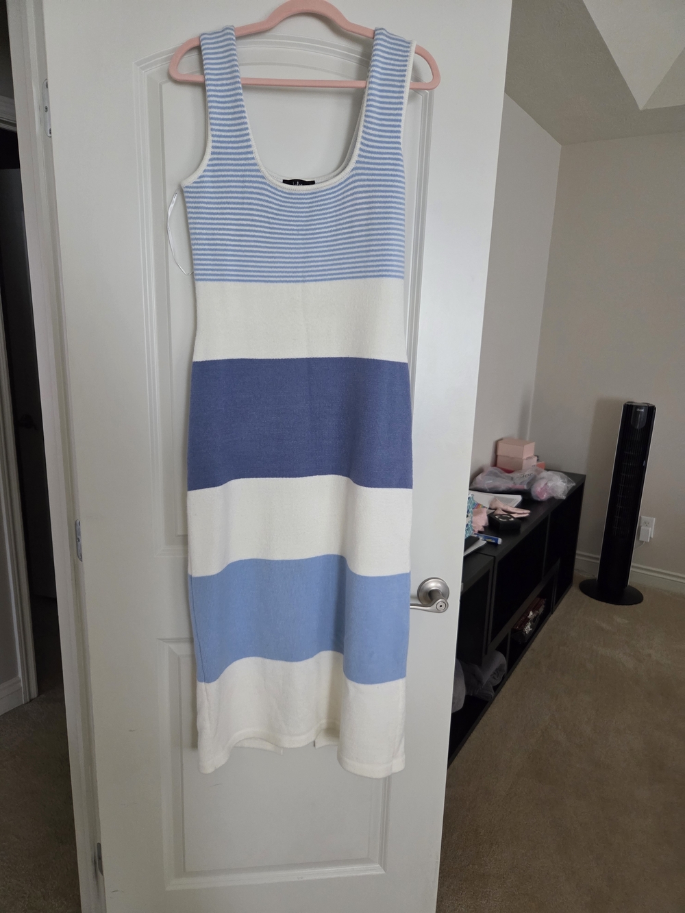 Lulu's Sleeveless Striped Knit Midi Dress in Light Blue, Cobalt Blue, and White